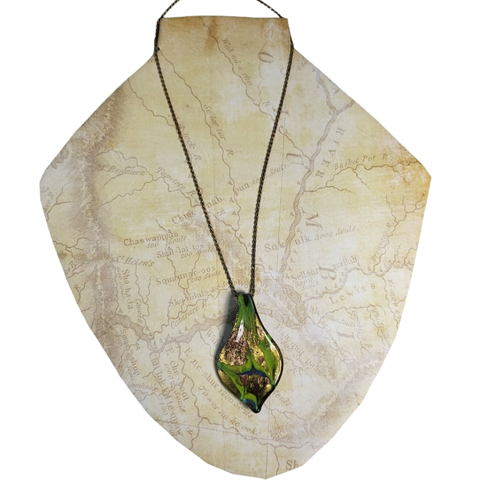 Gold plated sterling silver rope chain with green glass leaf pendant